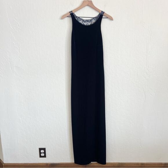Vintage Night Way Collection Sleeveless Sheer Sequined Velvet Maxi Dress 6 Blue - Picture 5 of 7